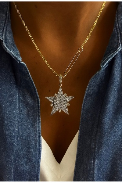 AychaAksesuar قلادة نجمة من سلسلة الفولاذ الفاخرة مرصعة بالزركون