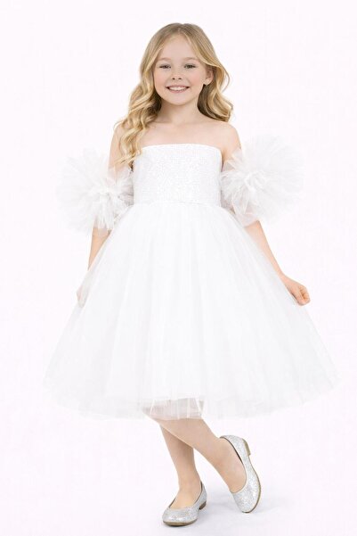 Nacar 23 Nisan 29 Ekim Gösteri Kıyafeti Kız Çocuk Omuz Detaylı Tül Beyaz Pren...