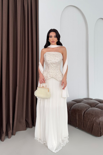 Serica Moda White Shawl Detailed Sequin Embroidered Chiffon Skirt Evening Dress