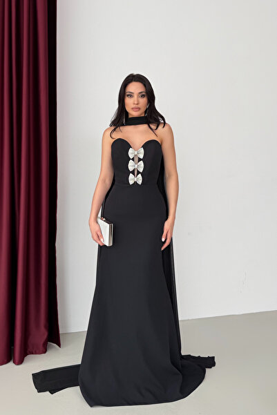 Serica Moda Black Sweetheart Neckline Bow Detail Fish Cut Evening Dress