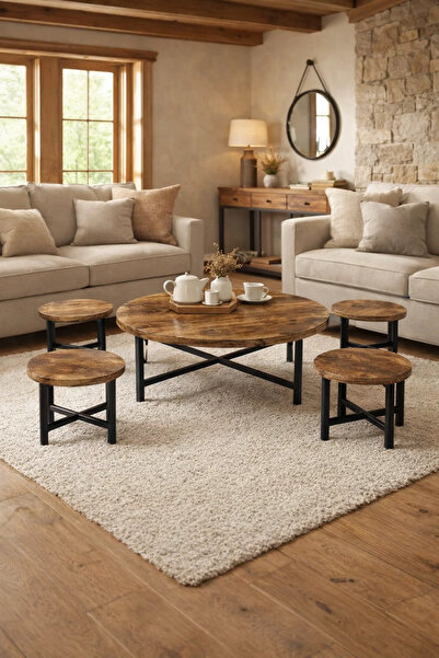 MARIA HOMES Rustic 5-Piece Coffee Table Set with Wooden Top and Black Metal F...
