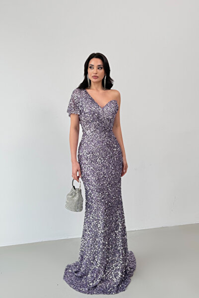 Serica Moda Lilac One-Shoulder Detailed Sequined Evening Dress