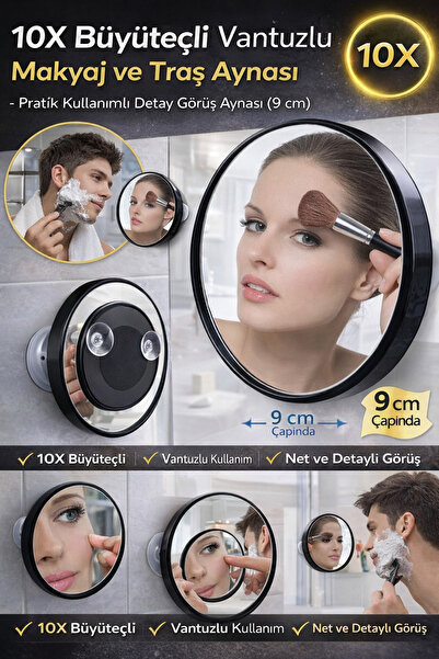 Hane Dostu 10X Büyüteçli Vantuzlu Makyaj ve Traş Aynası Pratik Kullanımlı Det...