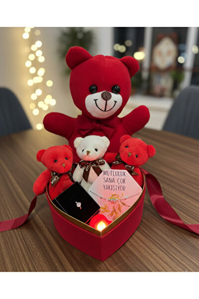 Puffly Hediyelik Sevgililer Günü Peluş Ayıcıklı Kadife Kalpli Hediye Kutusu S...