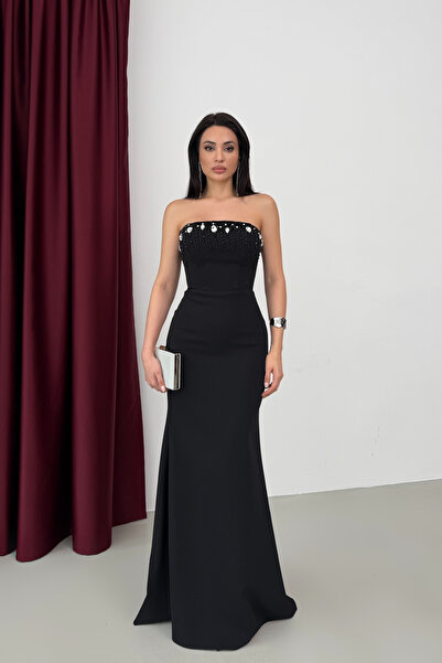 Serica Moda Black Chest Stone Embellished Strapless Evening Dress with String...
