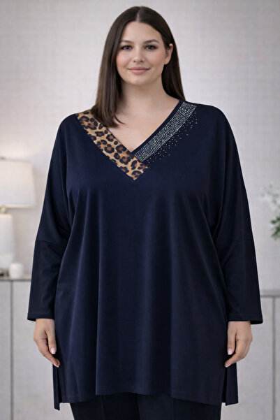 TUSSE Women's Plus Elegant V-Neck Leopard Stone Embellished Viscose Oversized...