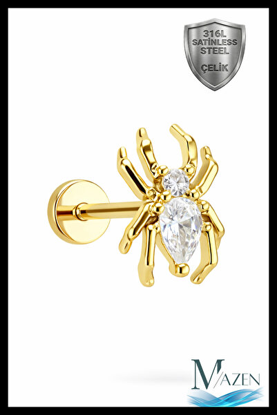 MAZEN Örümcek Figürlü Zirkon Taşlı Helix Tragus Piercing | 316L Çelik | Arkas...