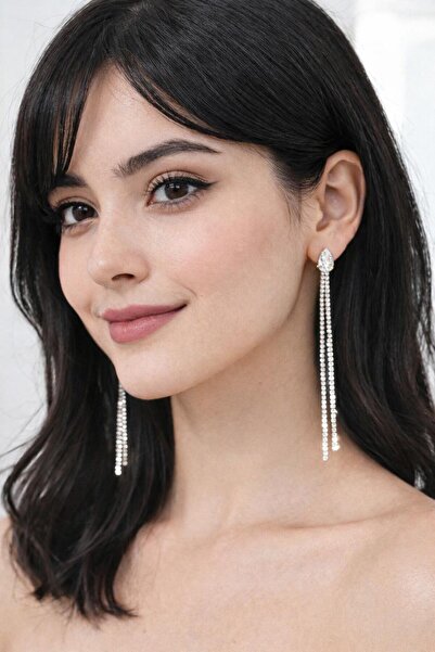 NO NAME Gold Fine Stone Diamond Long Evening Dress Earrings
