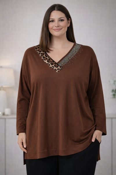 TUSSE Women's Plus Elegant V-Neck Leopard Stone Embellished Viscose Oversized...