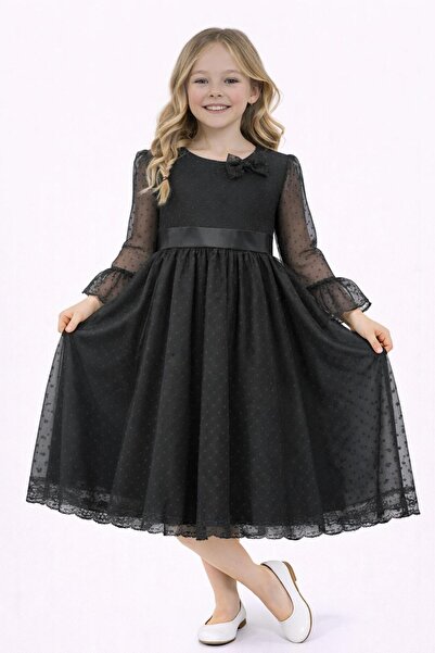 Nacar 23 Nisan 29 Ekim Gösteri Kıyafeti Kız Çocuk Tül Kollu Fiyonklu Elbise