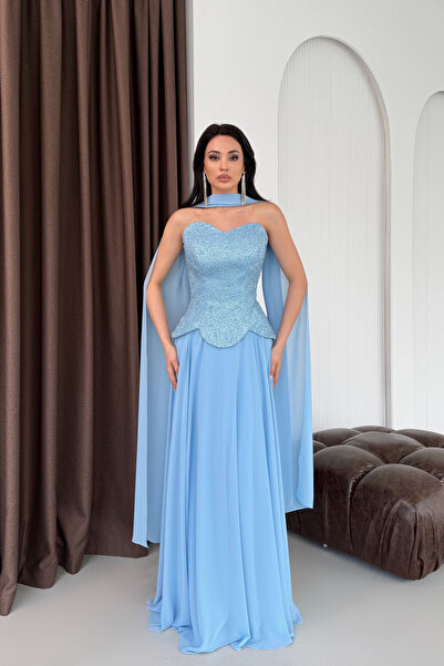Serica Moda Baby Blue Stone Embroidered Chiffon Skirt and Shawl Detailed Even...