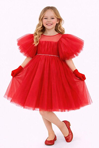 Nacar 23 Nisan 29 Ekim Gösteri Kıyafeti Kız Çocuk Balon Kollu Tül Lavanta Elbise