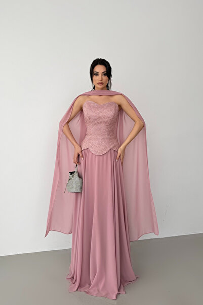 Serica Moda Pudra Taş İşlemeli Şifon Etekli Şal Detaylı Abiye Elbise