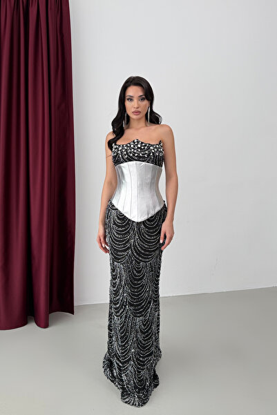 Serica Moda Rochie de seară cu corset detașabil, brodată cu piatră neagră și ...