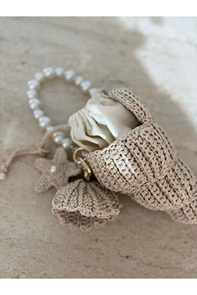 symaslandesign İnci Saplı El Örgüsü Deniz Kabuğu Abiye El Çantası Yazlık El Ö...