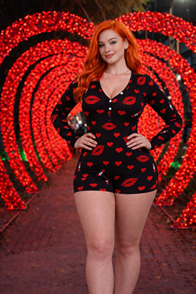 BYEN GİYİM Romantik Gece Siyah Dudak Desenli Tulum – 14 Şubat’a Özel Feminen ...