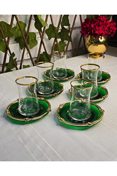 FTH DİZAYN Butterfly Collection 6-Person Tea Set Green Line
