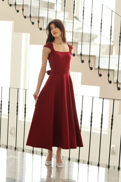 BEYZATURAN Women's Burgundy Strapless Long Flared Skirt with Square Neckline, Evening Gown/Event Dress
