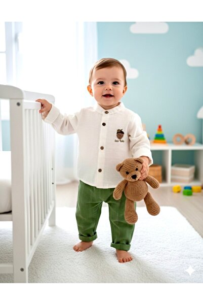 BEREN %100 Pamuk Erkek Bebek Müslin Gömlek Keten Pantolon 2'li Takım - Meşe P...
