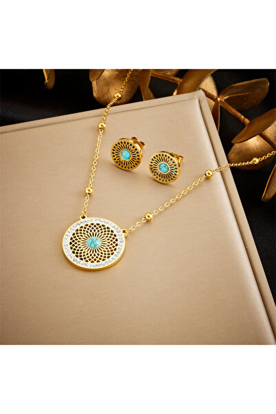 Choice N2732 DIEYURO 316L Stainless Steel Turquoise Hollowed Out Leaves Golde...