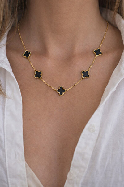 LOREZIA Siyah Yonca Detaylı Gold Renk Zincir Kolye