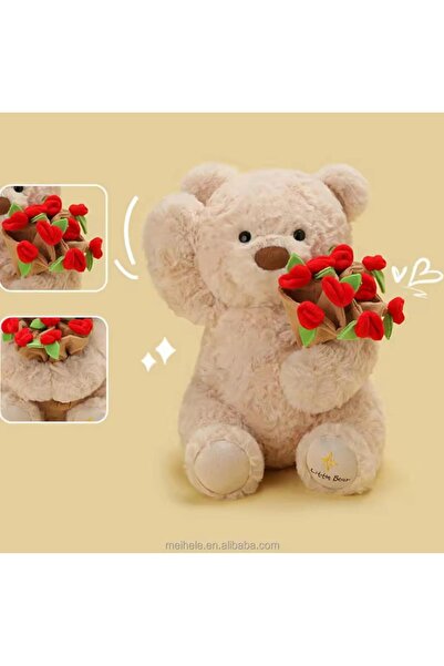 onestophube Sevimli Yumuşacık Gül-Çiçek Tutan Ayıcık 30 Cm Sevgiliye Özel Hediye