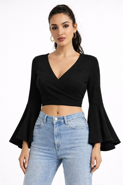 bebekpare Women's Black Double Breasted Collar Tie Spanish Sleeve Crop Blouse
