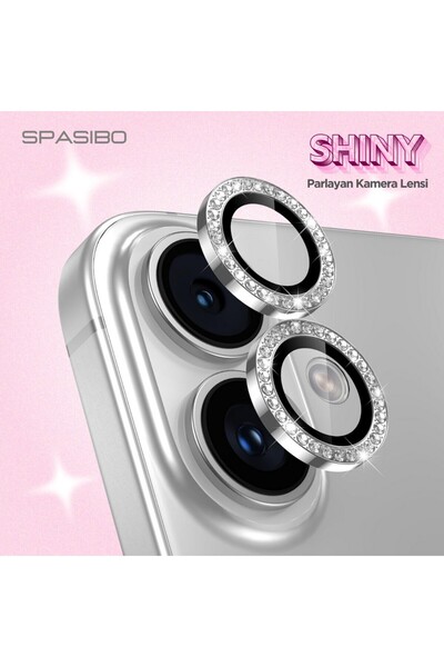 Shiny iPhone 16 Plus Kamera Lens Camı Koruyucu Simli - Taşlı