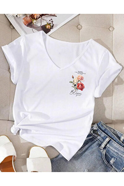 SUNFREE Mix Printed V-Neck Cotton Short Sleeve Women's Tshirt