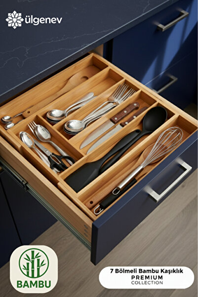 Ülgenev Bamboo Adjustable Sliding Drawer Cutlery Holder - 7-Compartment Funct...