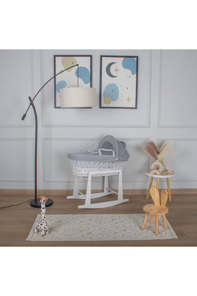My Baby White rattan Moses basket bed with grey striped fabric cover and whit...
