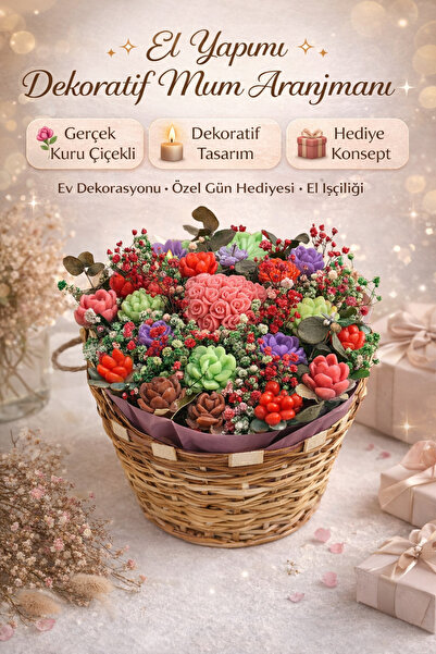 BUSERA HOME El Yapımı Dekoratif Mum Aranjmanı – Gerçek Kuru Çiçekli Hasır Sep...