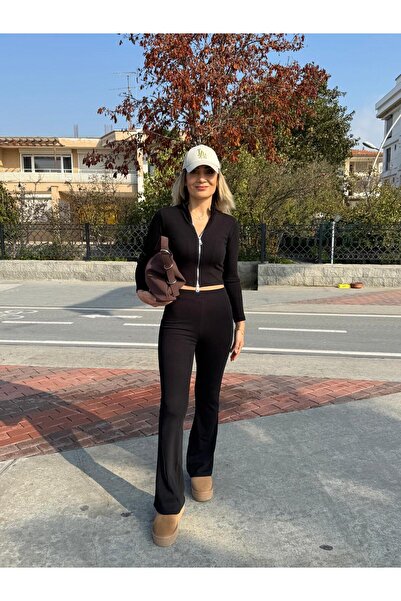 SEVA TEKSTİL Women's Zippered Top and Bottom Set Black