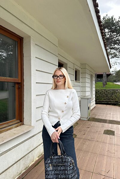 lizge giyim Gold Button Detail Asymmetric Detail Knitwear