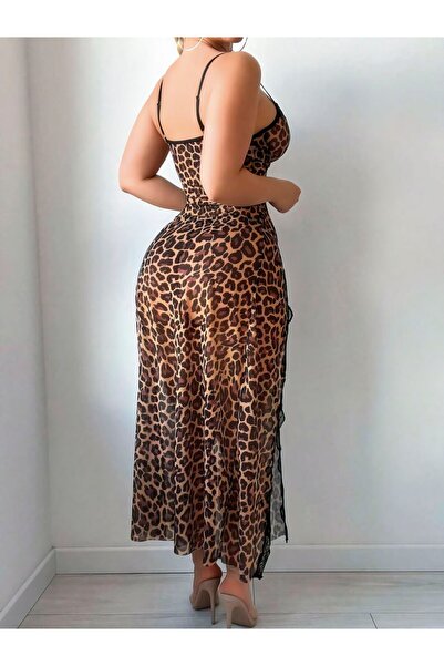 ZİNED Leopar Desenli Tül Yırtmaçlı Uzun Gecelik