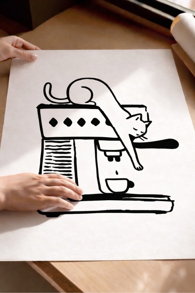 BAGİSTA BUTİK Αφίσα χωρίς πλαίσιο με γάτα και καφετιέρα - Μοντέρνα Μίνιμαλ Ζω...