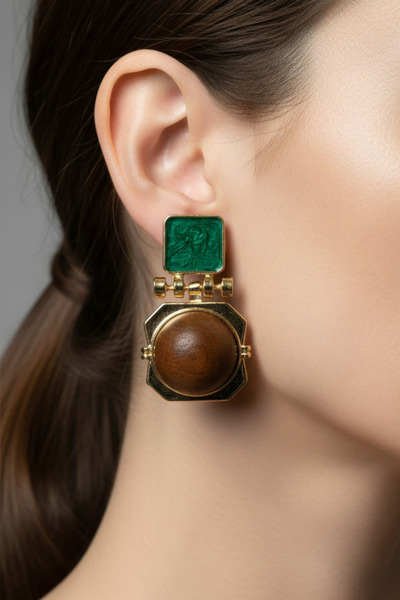 BHR AKSESUAR Mineli Green Matte Brown Earrings (4.5 cm)