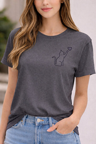 ArtYus Hearted Cat Printed Cotton Relaxed Fit Round Neck Unisex T-Shirt