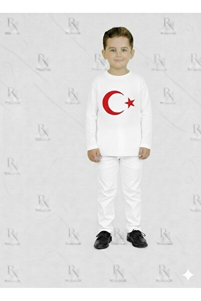 YCN TEKSTİL Turkish Flag Printed Kids' White Set - Moon Star Long Sleeve T-Sh...