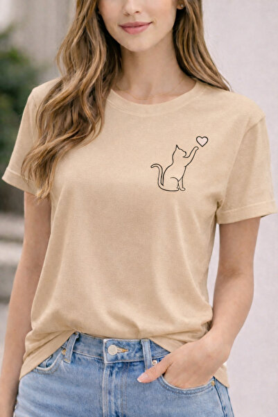 ArtYus Hearted Cat Printed Cotton Relaxed Fit Round Neck Unisex T-Shirt