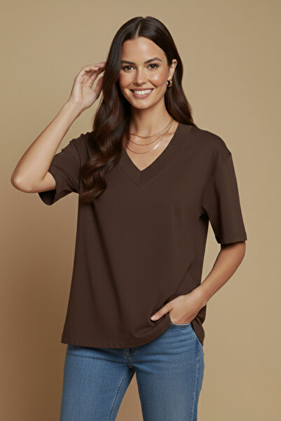 Ulino Γυναικείο μπλουζάκι με βαθύ V λαιμόκοψη, Oversize, Basic, Άνετο