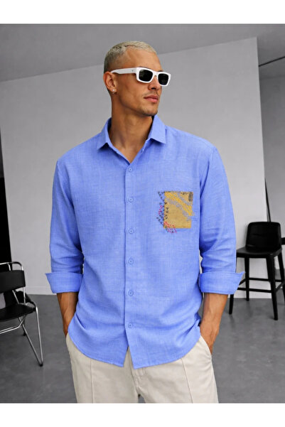 FıttingRoom Oversize Embroidery Detailed Cotton Blue Shirt