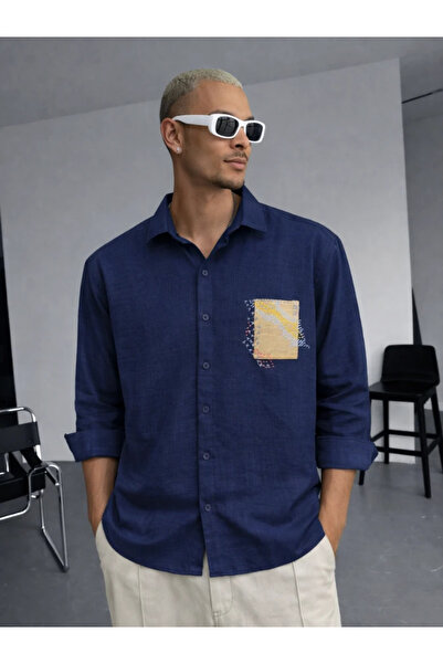 FıttingRoom Oversize Embroidery Detailed Cotton Navy Blue Shirt