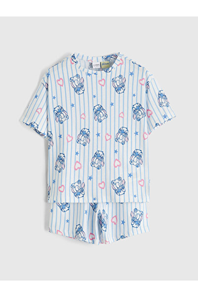 LC Waikiki Комплект пижама с шорти за момичета с екру принт „Stitch“