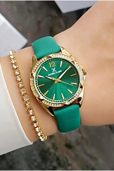 Daniel Klein New Model Green Leather Strap Women's Watch with Stones and Brac...
