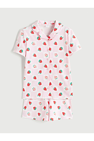 LC Waikiki Ροζ Γιακάς πουκαμίσου Strawberry Με σχέδιο Κοριτσίστικο Σετ Πιτζάμ...