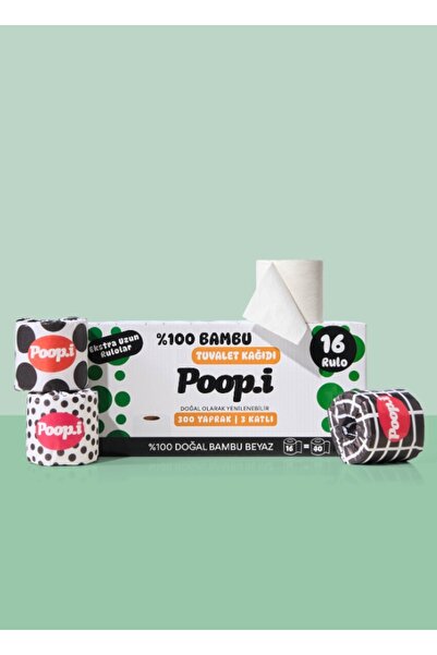 Poop.i %100 Bambu "Extra Uzun Rulo" 16 Tuvalet Kağıdı BLACK & WHITE Doğal Beyaz