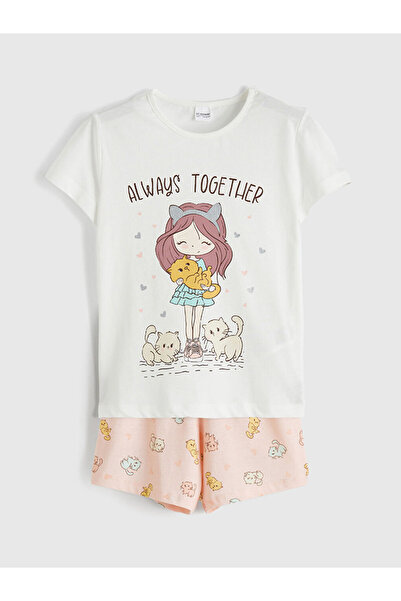 LC Waikiki Crew Neck Printed Girl's Pajama Set with Shorts