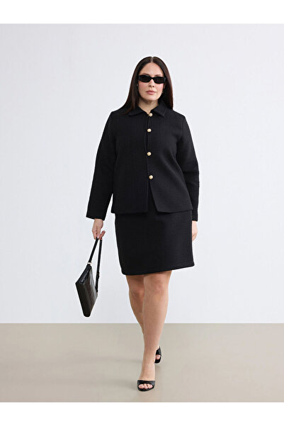 LC Waikiki Black Plus Size Shirt Collar Textured Women's Tweed Jacket