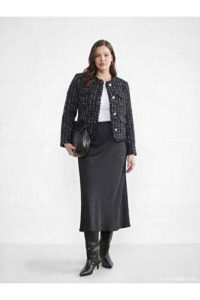 LC Waikiki GiyÇık Store Μαύρο καρό γυναικείο μπουφάν τουίντ με λαιμόκοψη ποδη...